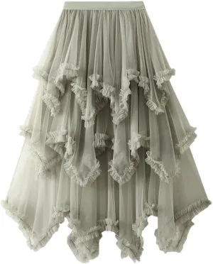Women Asymmetric Ruffle Skirts Tulle Midi Long Skirts Solid Tulle Skirt Elastic Waist Cute Skirt