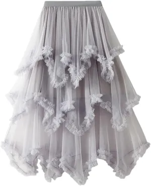 Women Asymmetric Ruffle Skirts Tulle Midi Long Skirts Solid Tulle Skirt Elastic Waist Cute Skirt