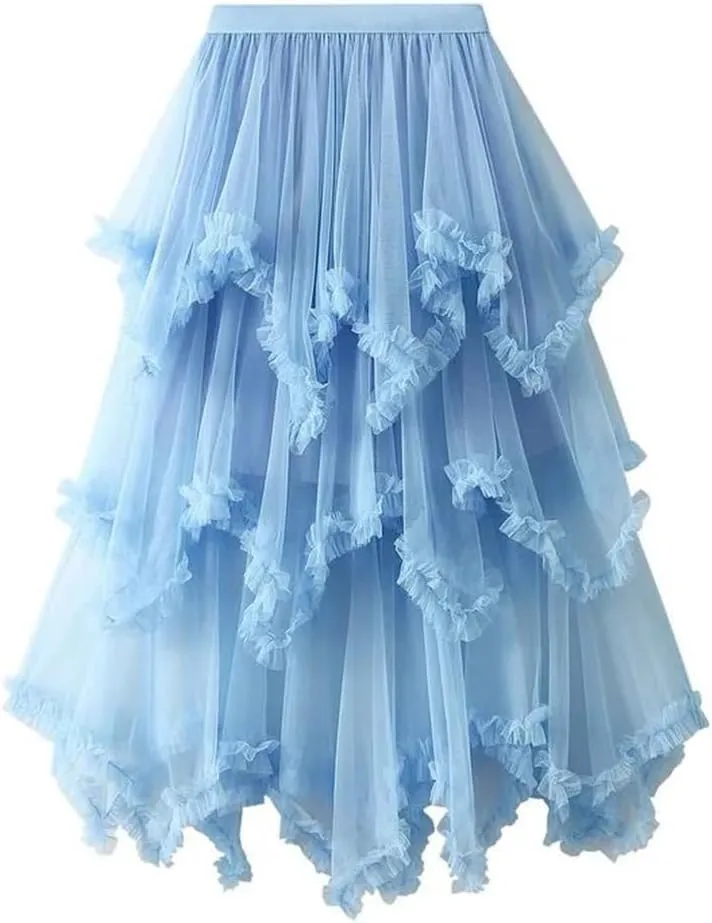 Women Asymmetric Ruffle Skirts Tulle Midi Long Skirts Solid Tulle Skirt Elastic Waist Cute Skirt