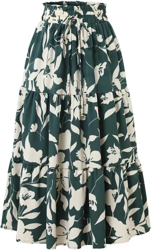 Women Boho Floral Summer Maxi Skirt Elastic High Waist Tiered Pleated Flowy Long Casual Beach Skirt
