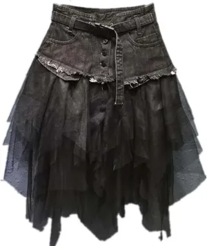 Women Denim Mesh Patchwork Lace Skirt High Waist A Line Asymmetric Frill Tulle Gothic Skirts