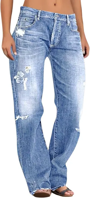 Women Distressed Straight Leg Jeans Boyfriend High Waited Baggy Sweatpants Y2K Streetwear Denim Pants with Pocket