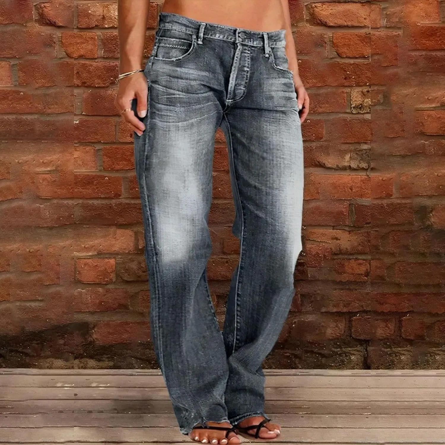 Women Distressed Straight Leg Jeans Boyfriend High Waited Baggy Sweatpants Y2K Streetwear Denim Pants with Pocket