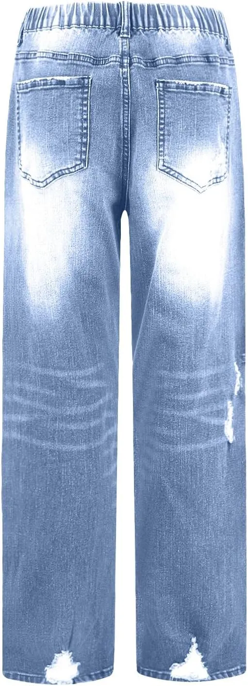 Women Distressed Straight Leg Jeans Boyfriend High Waited Baggy Sweatpants Y2K Streetwear Denim Pants with Pocket
