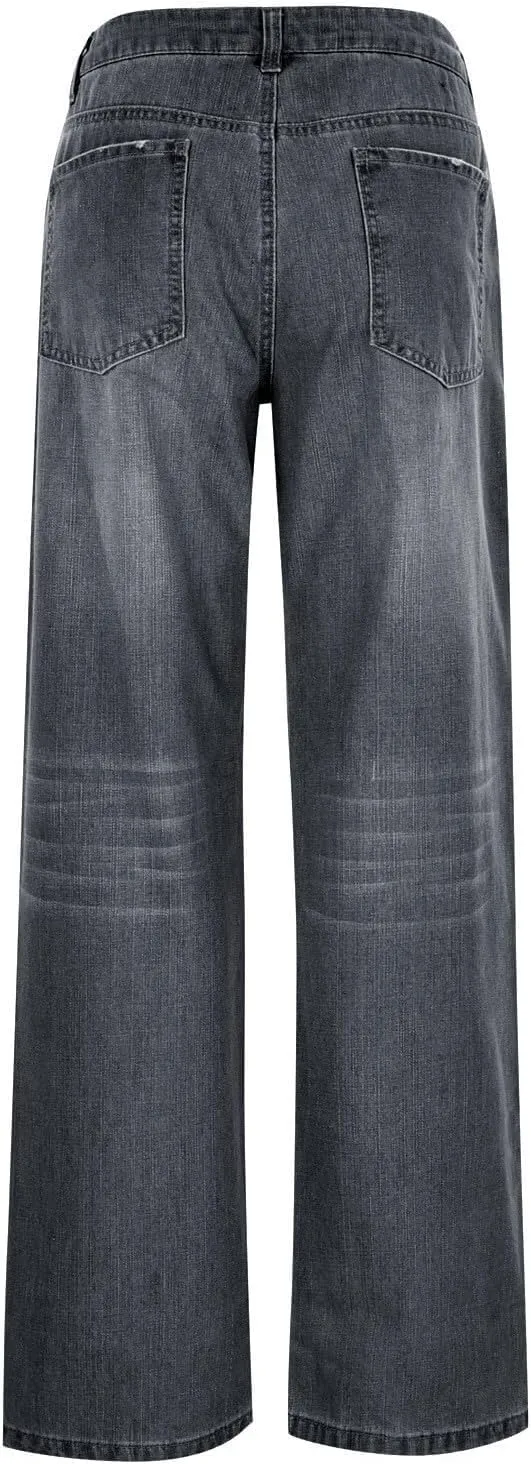 Women Distressed Straight Leg Jeans Boyfriend High Waited Baggy Sweatpants Y2K Streetwear Denim Pants with Pocket