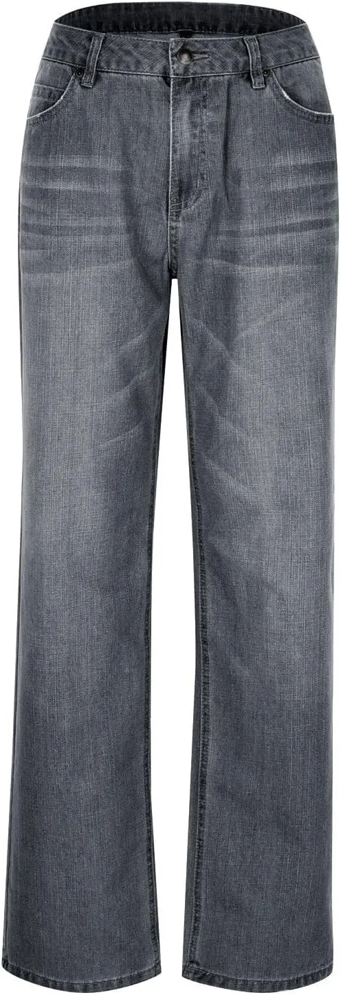 Women Distressed Straight Leg Jeans Boyfriend High Waited Baggy Sweatpants Y2K Streetwear Denim Pants with Pocket