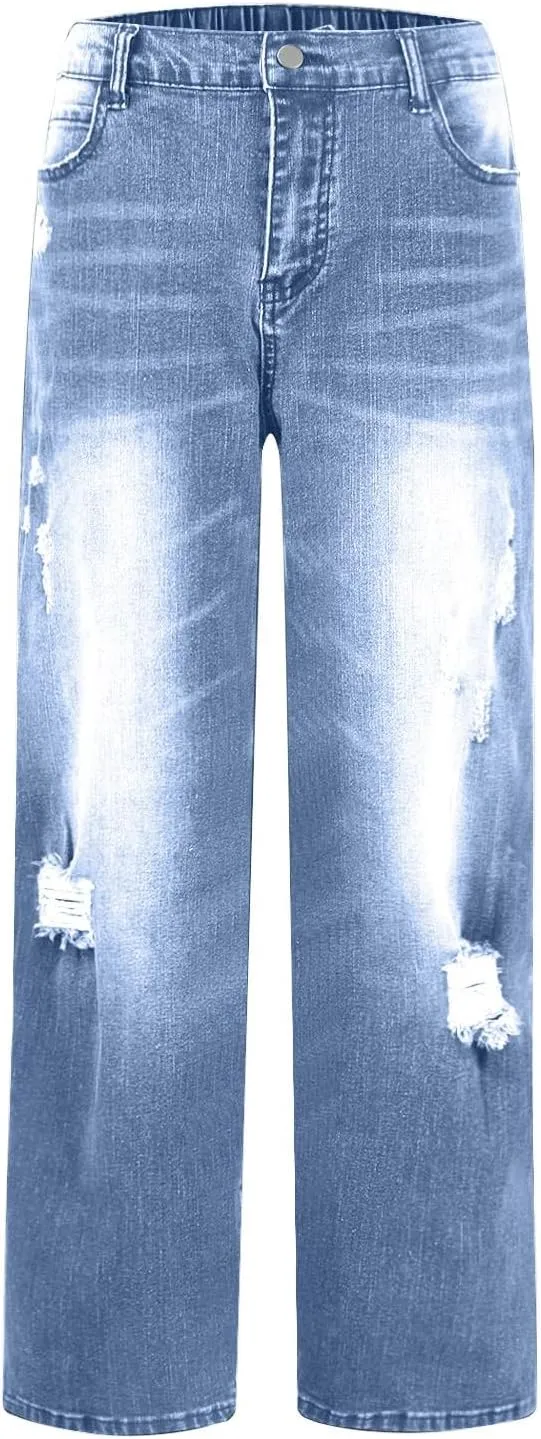 Women Distressed Straight Leg Jeans Boyfriend High Waited Baggy Sweatpants Y2K Streetwear Denim Pants with Pocket