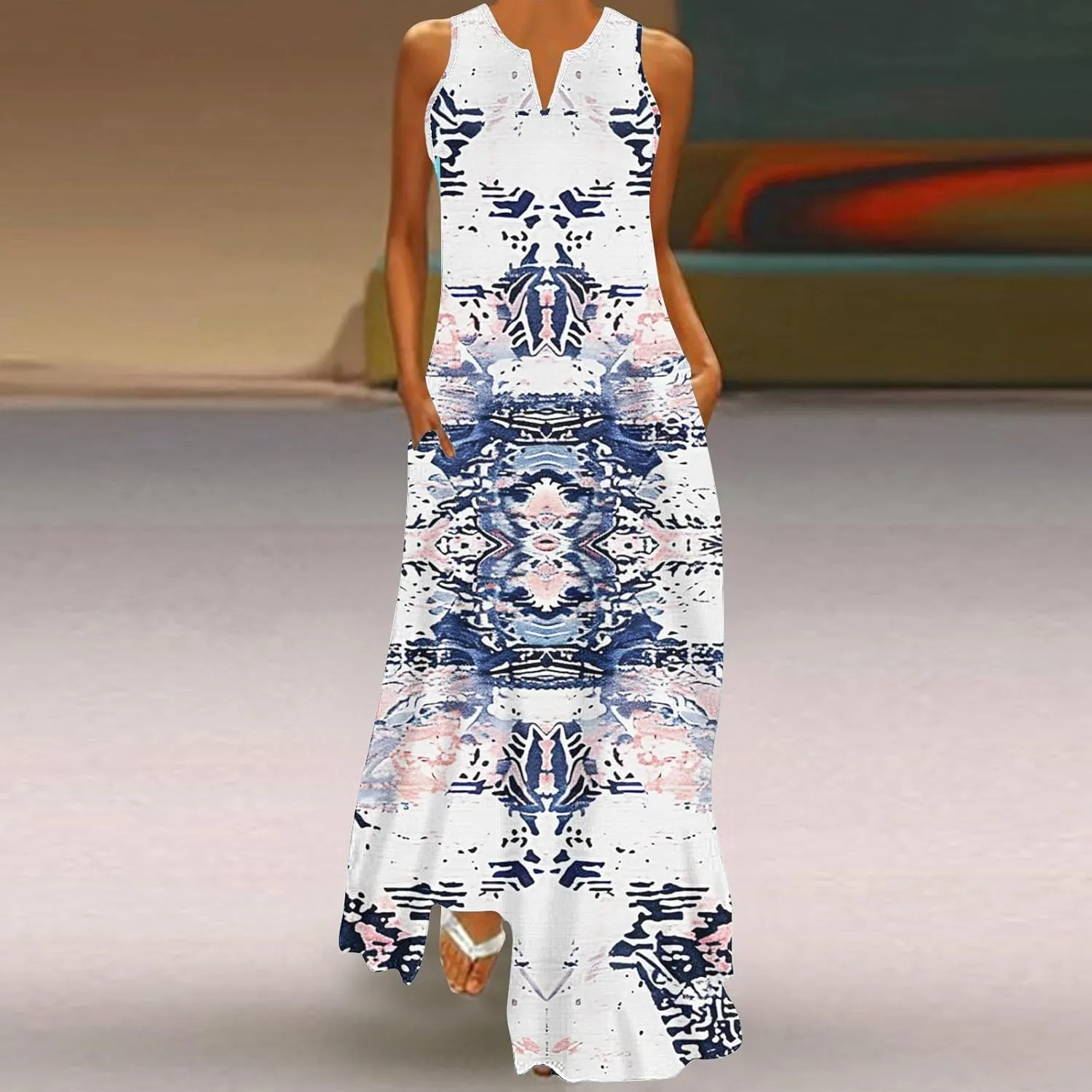 Women Fashion Printed Tank Dress Summer Casual Loose Beach Sundress V-Neck Sleeveless Dresses with Pockets
