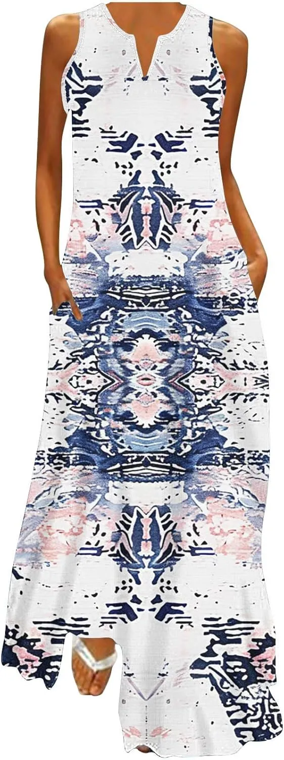 Women Fashion Printed Tank Dress Summer Casual Loose Beach Sundress V-Neck Sleeveless Dresses with Pockets
