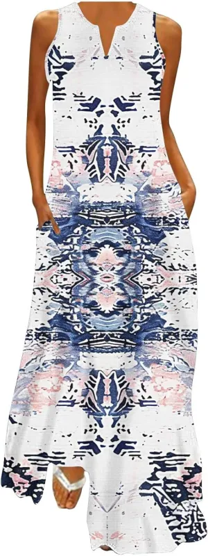 Women Fashion Printed Tank Dress Summer Casual Loose Beach Sundress V-Neck Sleeveless Dresses with Pockets