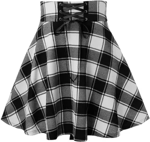 Women Gothic Punk Mini Skirt Casual Trendy Plaid Pleated Bandage High Waisted A-line Flowy Short Skirt for Tennis