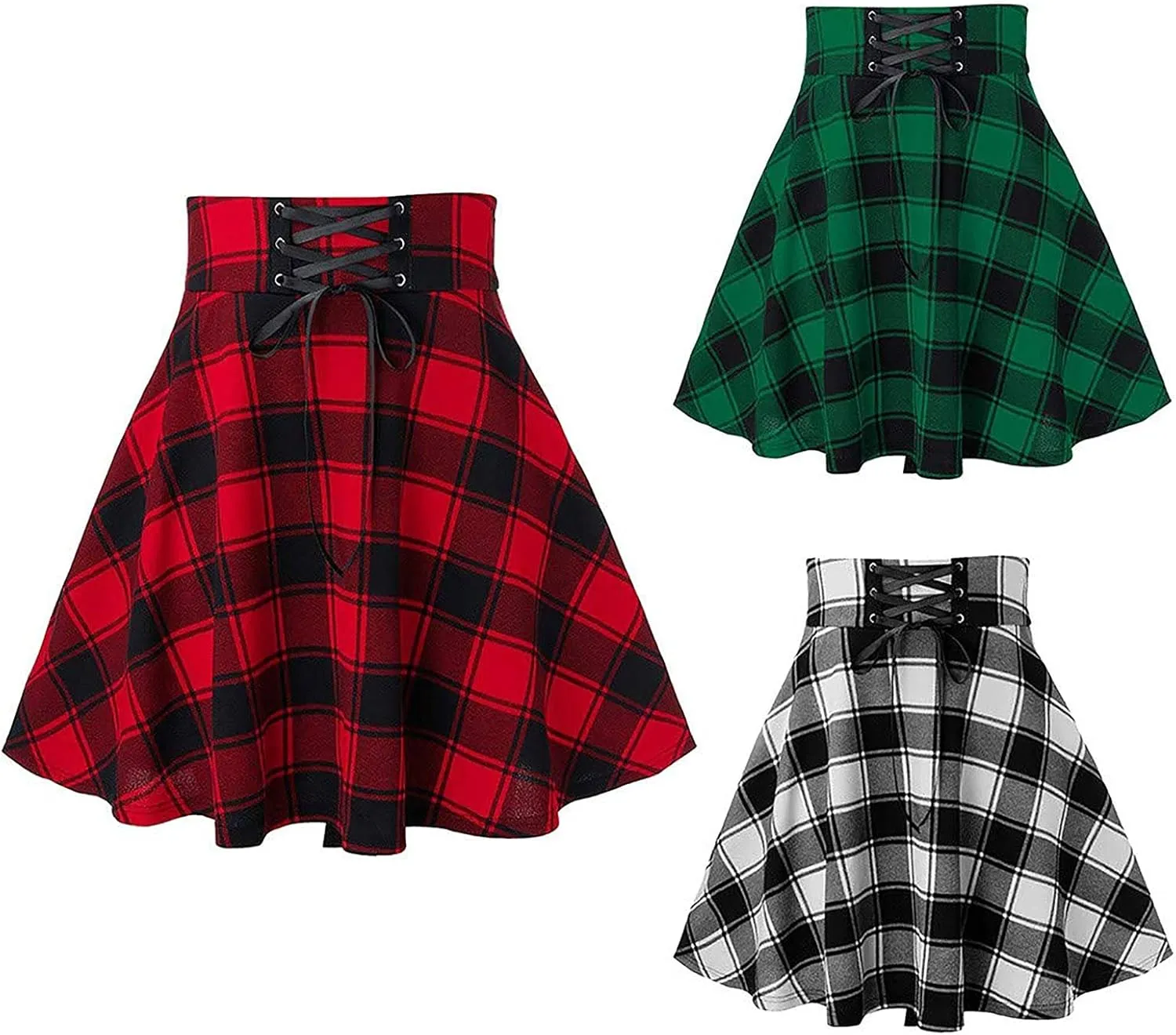 Women Gothic Punk Mini Skirt Casual Trendy Plaid Pleated Bandage High Waisted A-line Flowy Short Skirt for Tennis