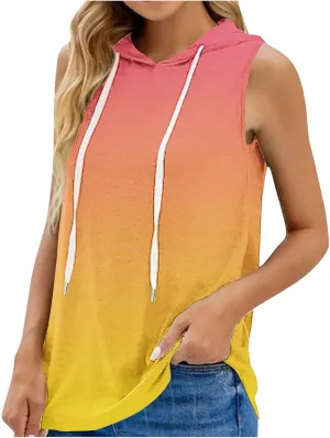 Women Gradient Hooded Tank Top Summer Casual Yoga Running Sleeveless T Shirts Athletic Gym Workout Drawstring Hoodies