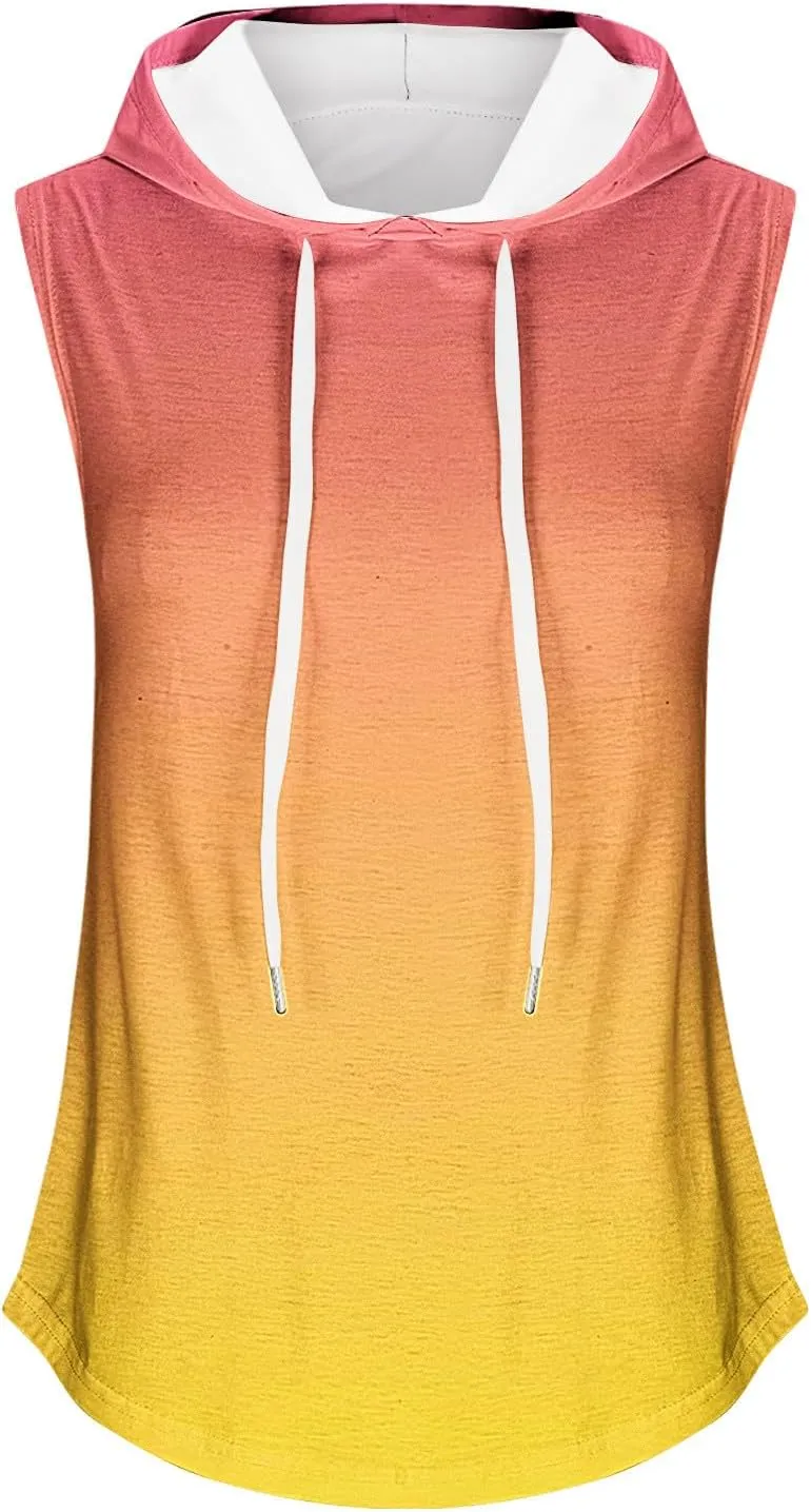 Women Gradient Hooded Tank Top Summer Casual Yoga Running Sleeveless T Shirts Athletic Gym Workout Drawstring Hoodies