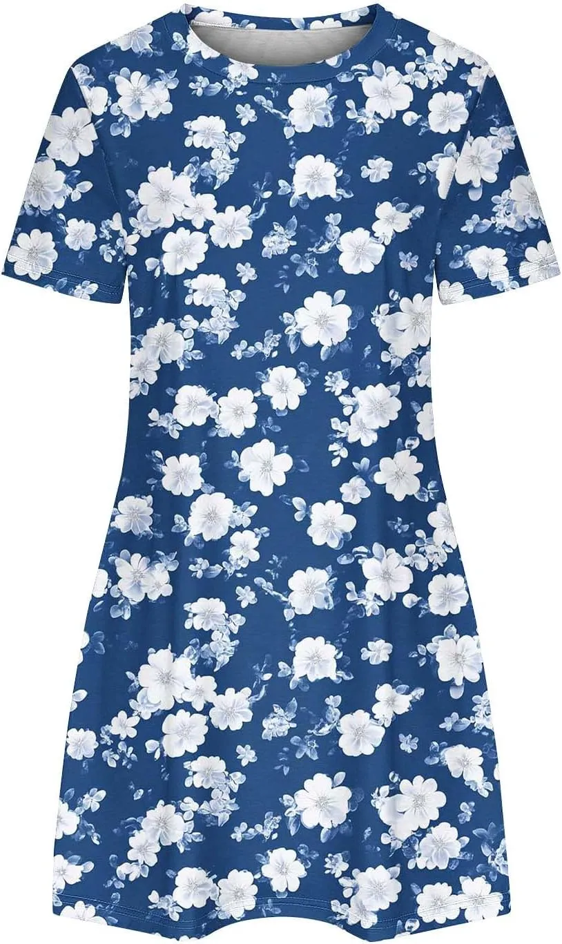 Women Graphic Printed Midi Dress Short Sleeve Crewneck Shirt Dresses Casual Loose Shift Dress 2025