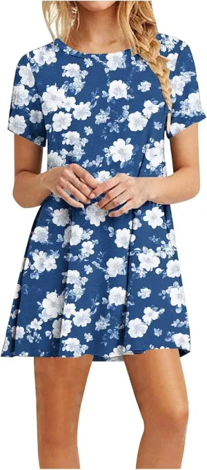 Women Graphic Printed Midi Dress Short Sleeve Crewneck Shirt Dresses Casual Loose Shift Dress 2025