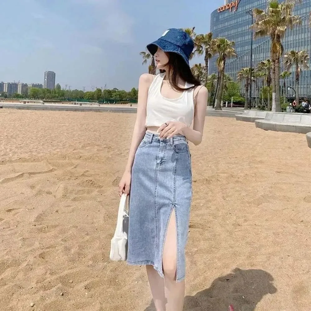 Women High Waist Button Front Split Denim Skirt Stretch Slim Fit Vintage Side Slit Midi Skirt