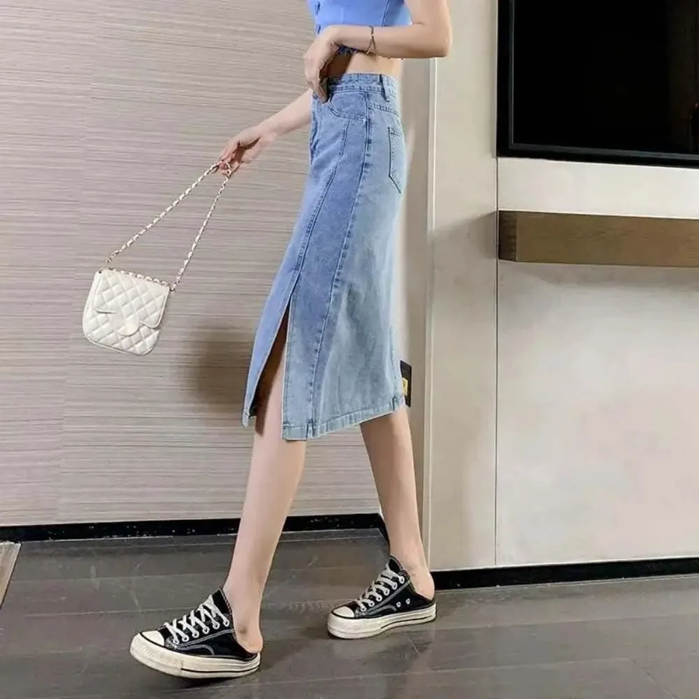 Women High Waist Button Front Split Denim Skirt Stretch Slim Fit Vintage Side Slit Midi Skirt