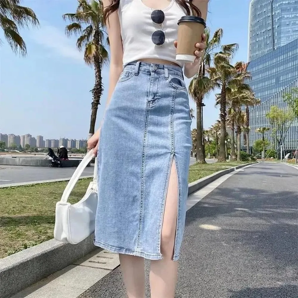 Women High Waist Button Front Split Denim Skirt Stretch Slim Fit Vintage Side Slit Midi Skirt