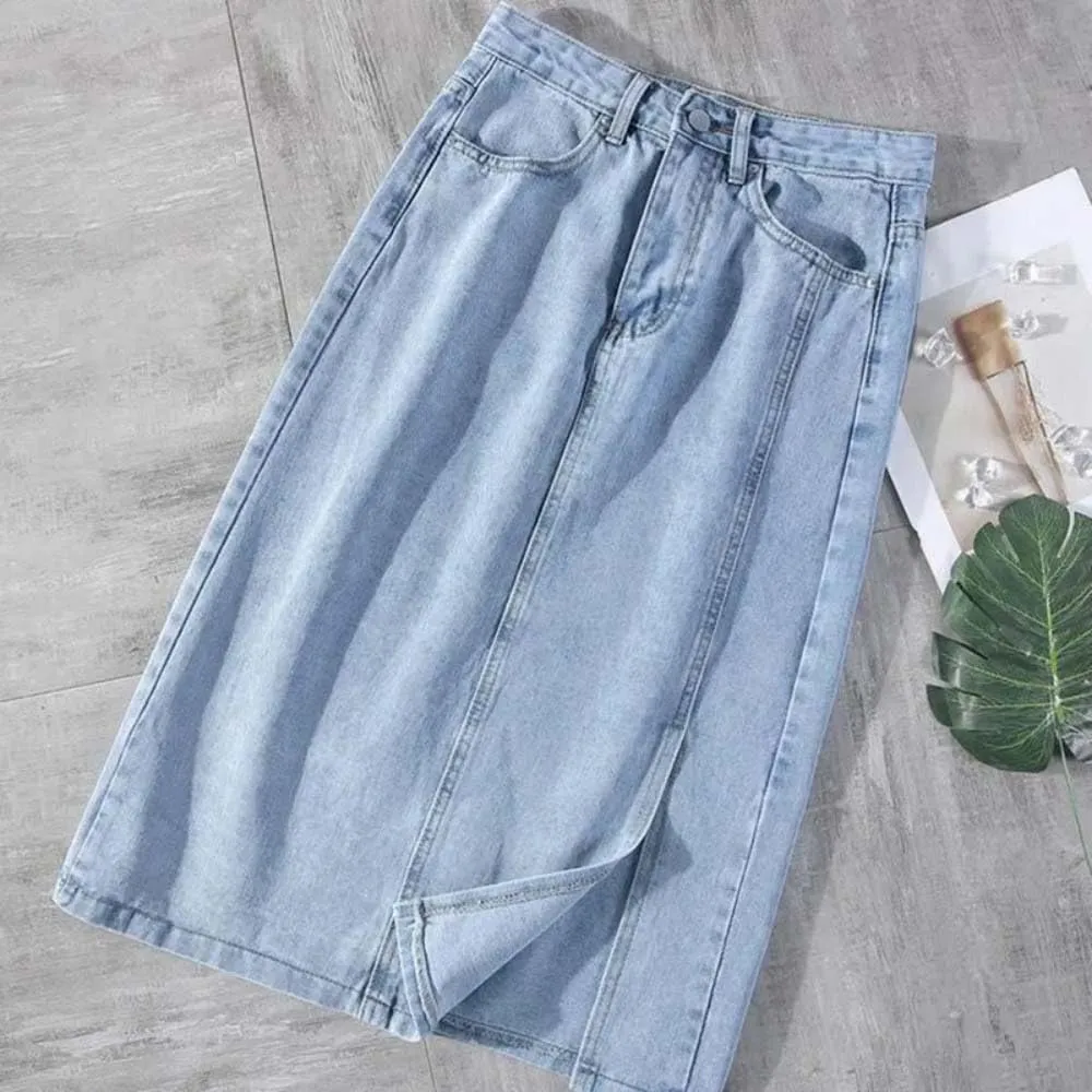 Women High Waist Button Front Split Denim Skirt Stretch Slim Fit Vintage Side Slit Midi Skirt