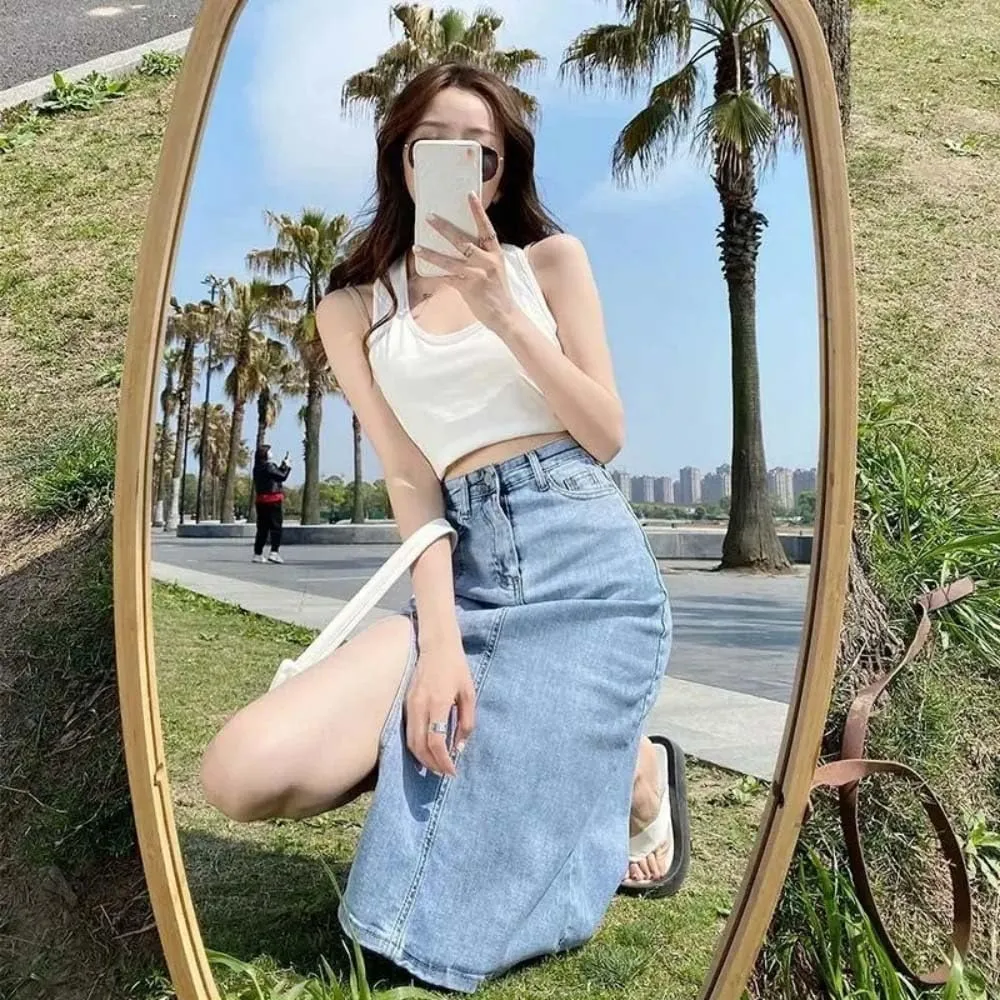 Women High Waist Button Front Split Denim Skirt Stretch Slim Fit Vintage Side Slit Midi Skirt