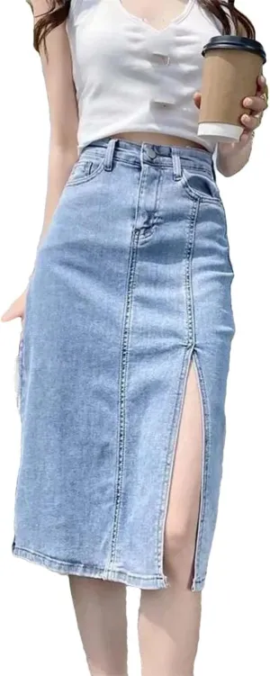 Women High Waist Button Front Split Denim Skirt Stretch Slim Fit Vintage Side Slit Midi Skirt