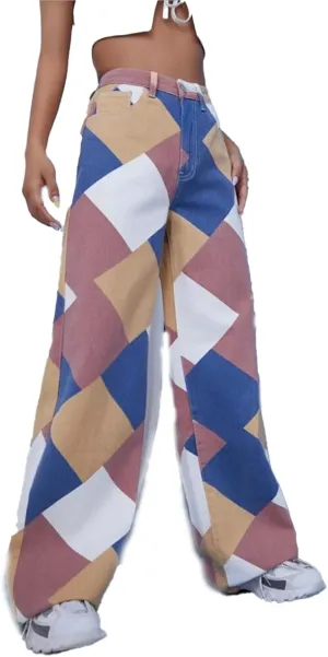 Women High Waisted Jeans Straight Leg Stretch Floral Denim Jeans Colorblocks Patchwork Printed Pants XS-2XL (Khati,M,US,Alpha,Regular,Regular,Medium)