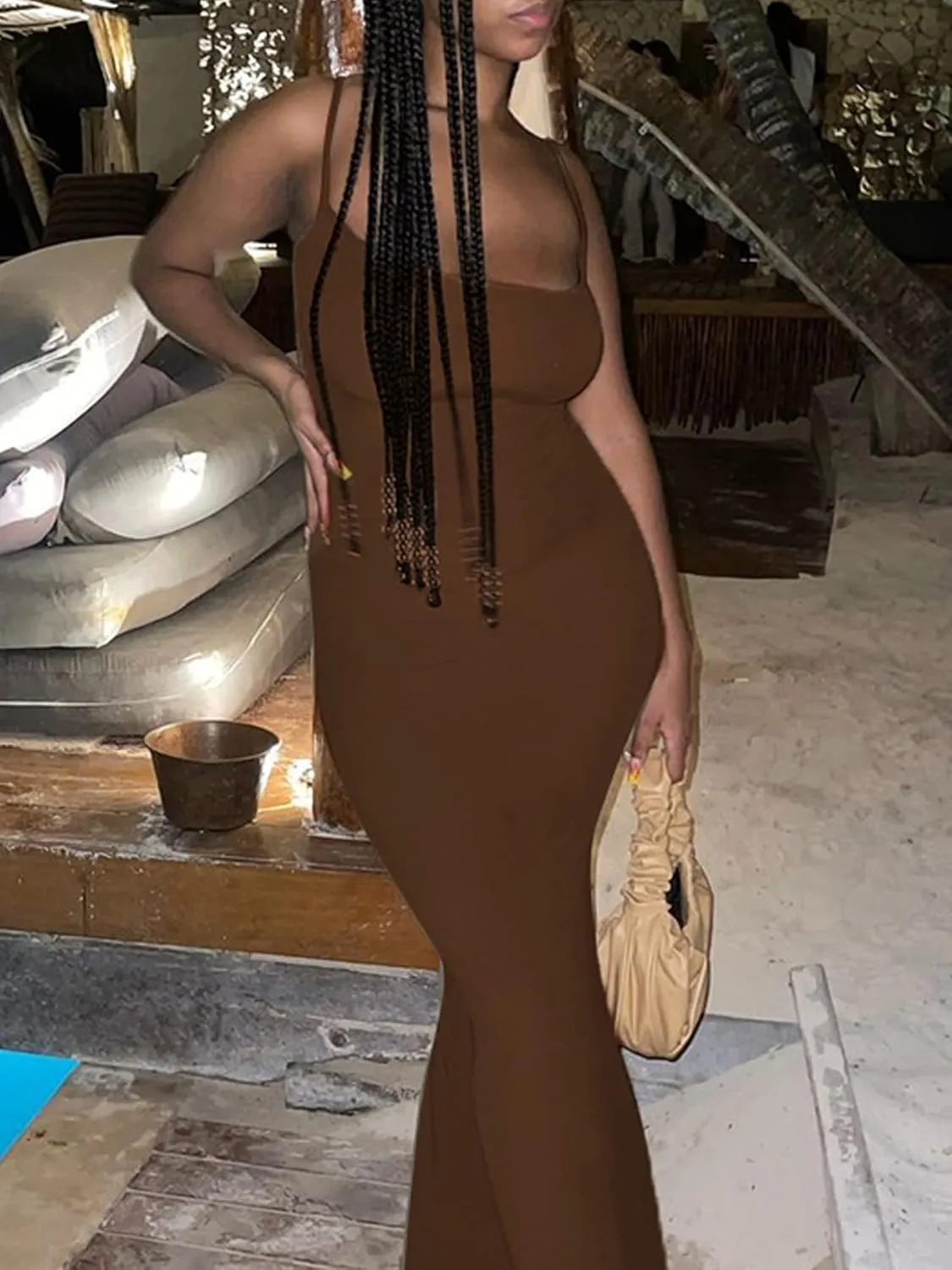 Women Low Cut Backless Maxi Dress Sexy Sleeveless Slip Cocktail Dresses Bodycon Spaghetti Strap Long Party Skims Dupe Dress