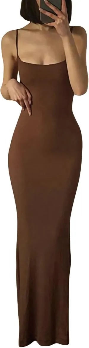Women Low Cut Backless Maxi Dress Sexy Sleeveless Slip Cocktail Dresses Bodycon Spaghetti Strap Long Party Skims Dupe Dress