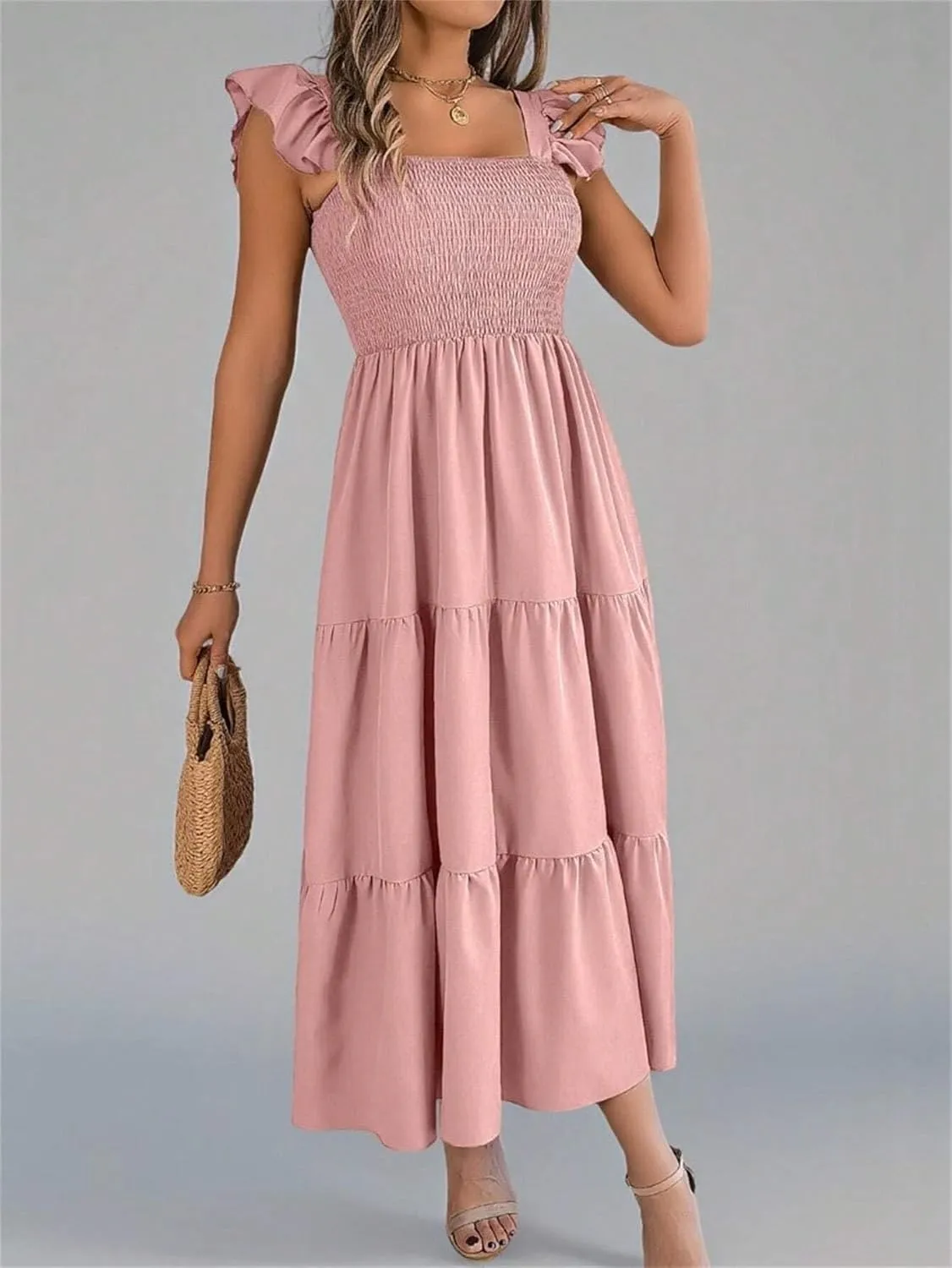 Women Midi Dresses Solid Color Square Neck Backless Ruffle Hem Casual Slip Dress