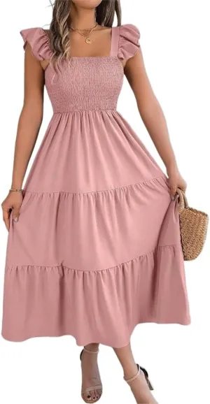 Women Midi Dresses Solid Color Square Neck Backless Ruffle Hem Casual Slip Dress