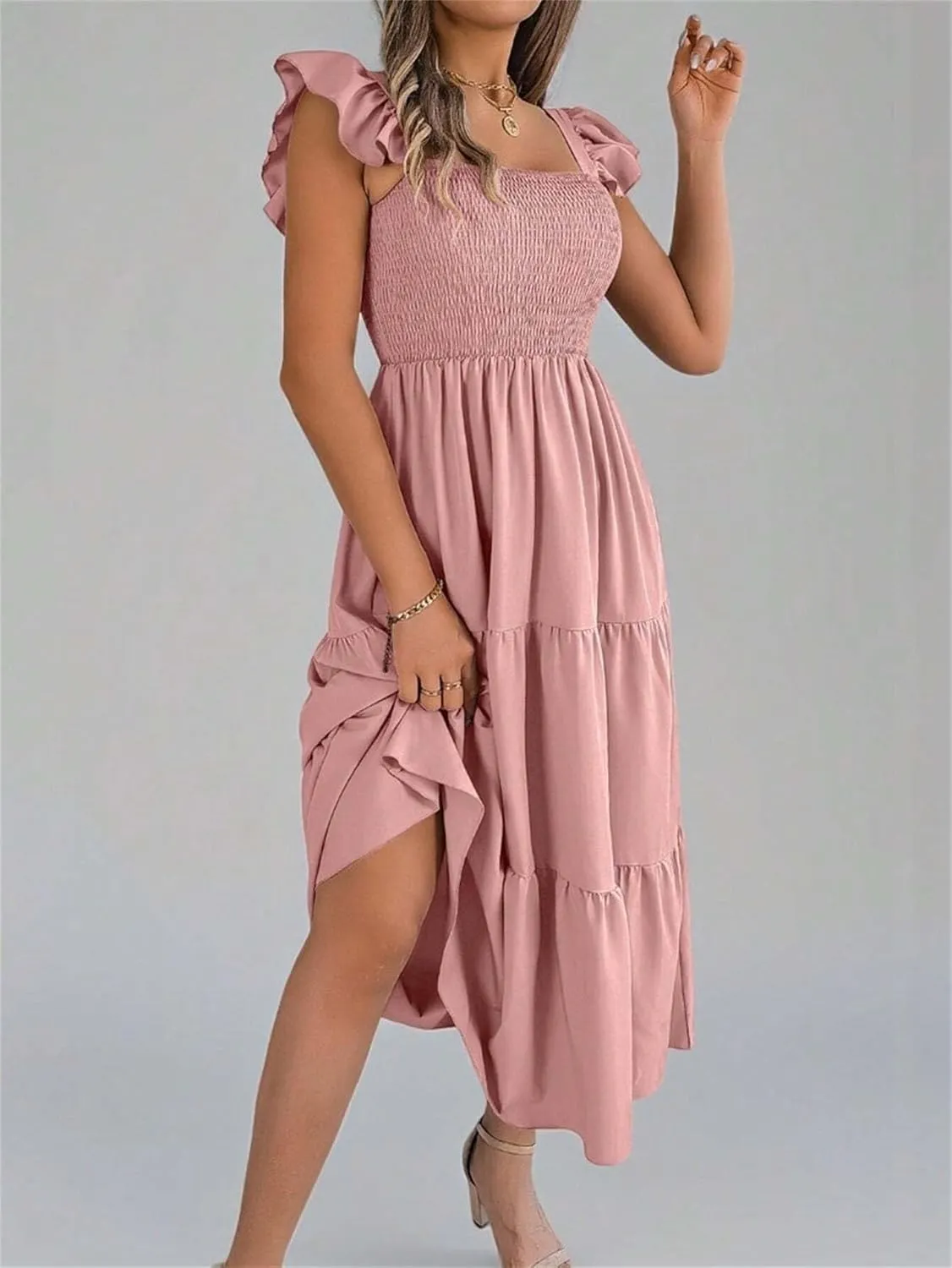 Women Midi Dresses Solid Color Square Neck Backless Ruffle Hem Casual Slip Dress