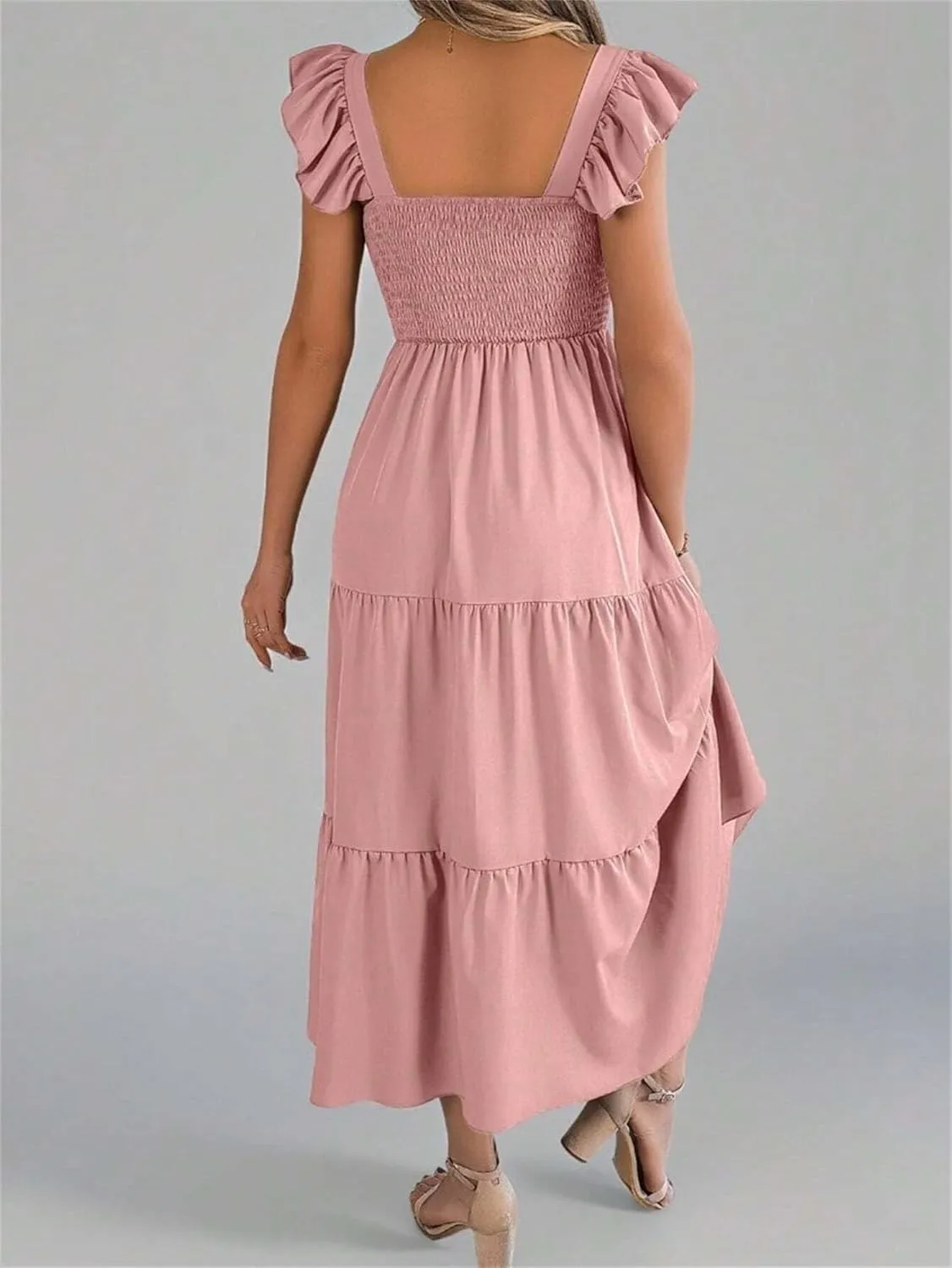 Women Midi Dresses Solid Color Square Neck Backless Ruffle Hem Casual Slip Dress