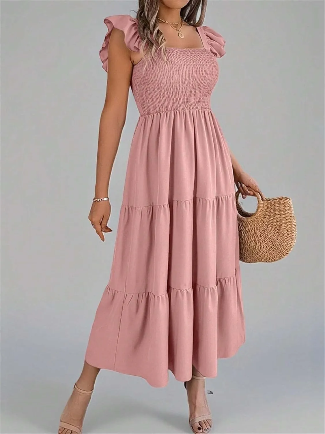 Women Midi Dresses Solid Color Square Neck Backless Ruffle Hem Casual Slip Dress