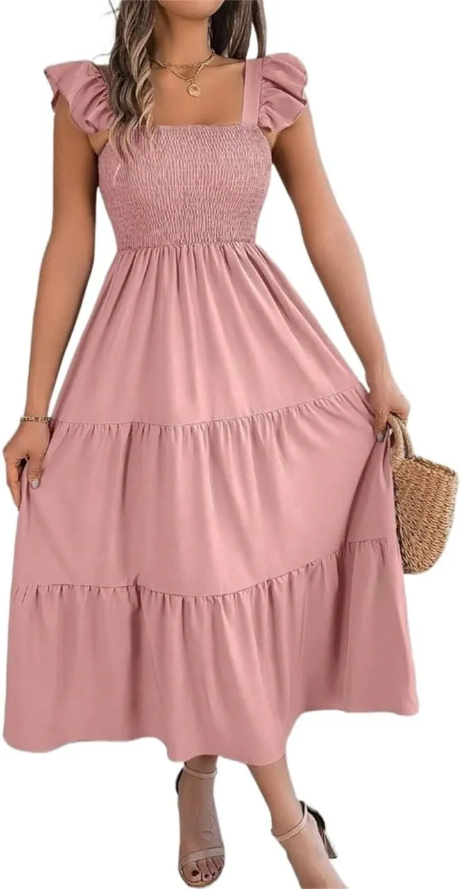 Women Midi Dresses Solid Color Square Neck Backless Ruffle Hem Casual Slip Dress