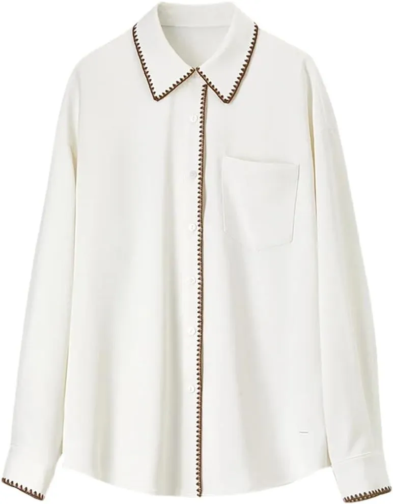 Women Office Lady Patchwork Shirt Turn Down Collar Folds Cuff Top Solid Color Casual Blouse