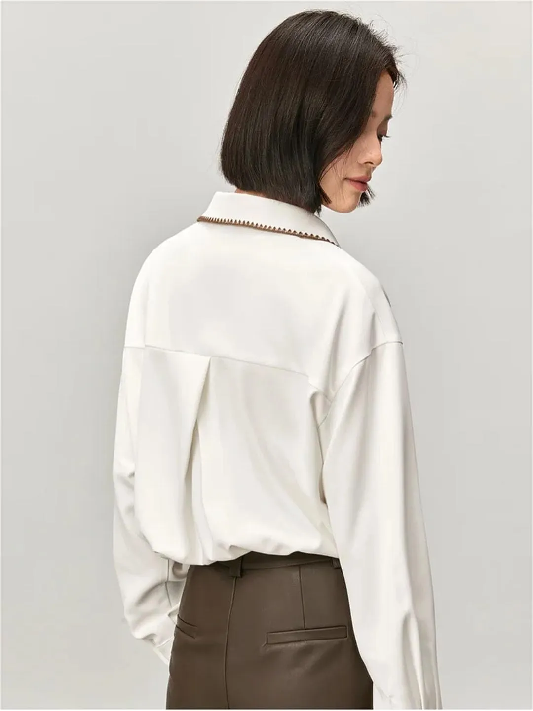 Women Office Lady Patchwork Shirt Turn Down Collar Folds Cuff Top Solid Color Casual Blouse