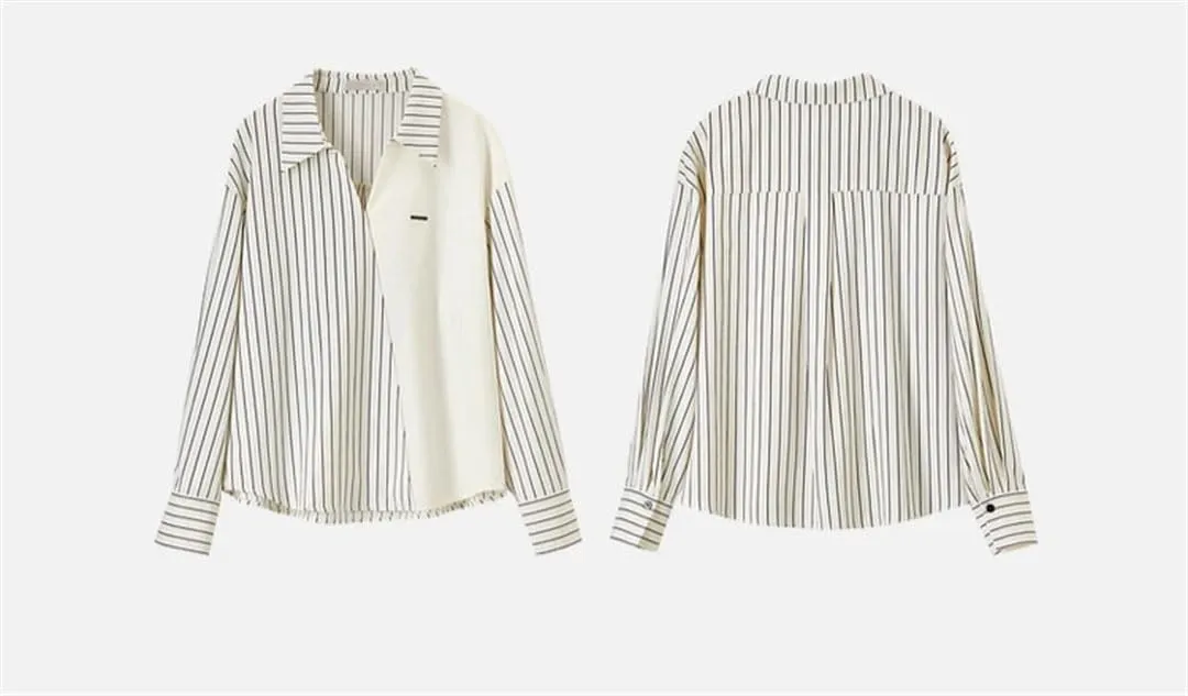 Women Patchwork Striped Shirts Cotton Loose Casual Business Workwear Drop Sleeves Pullover Tops