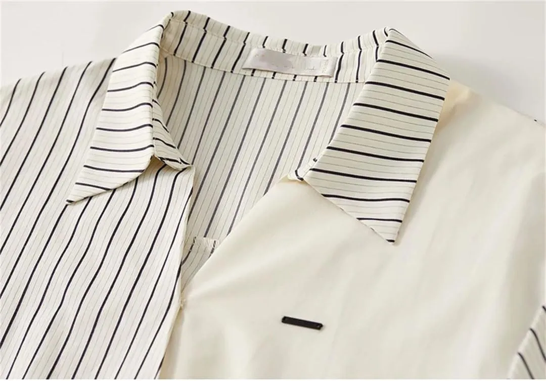 Women Patchwork Striped Shirts Cotton Loose Casual Business Workwear Drop Sleeves Pullover Tops