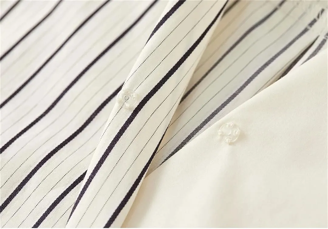 Women Patchwork Striped Shirts Cotton Loose Casual Business Workwear Drop Sleeves Pullover Tops