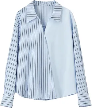 Women Patchwork Striped Shirts Cotton Loose Casual Business Workwear Drop Sleeves Pullover Tops