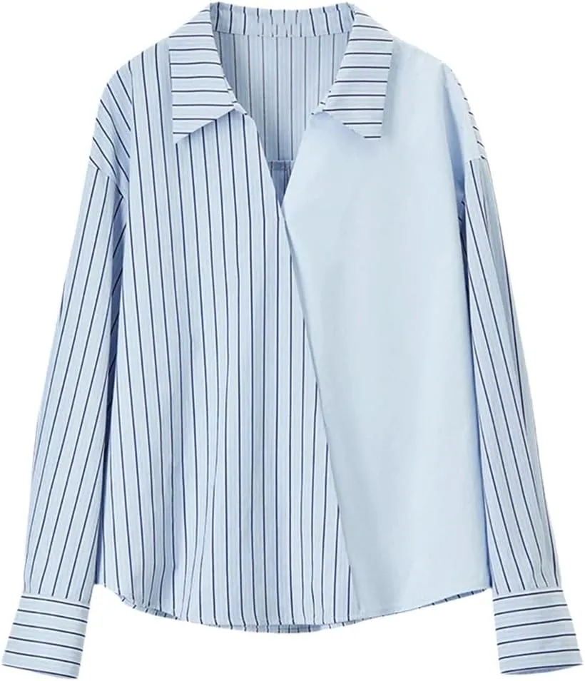 Women Patchwork Striped Shirts Cotton Loose Casual Business Workwear Drop Sleeves Pullover Tops