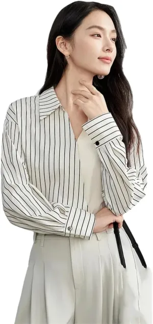 Women Patchwork Striped Shirts Cotton Loose Casual Business Workwear Drop Sleeves Pullover Tops