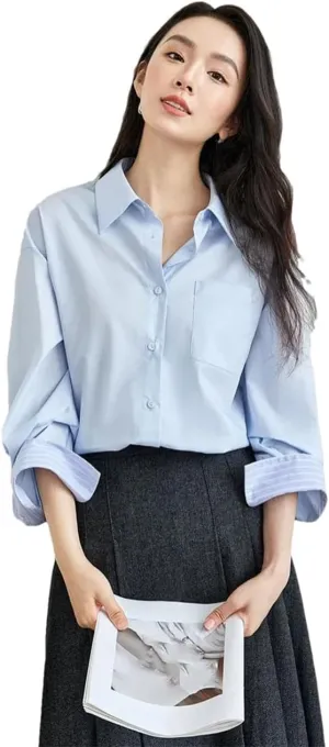 Women Patchwork Striped Shirts Cuff Casual Office Lady Blouse Embroidery Solid Color Top