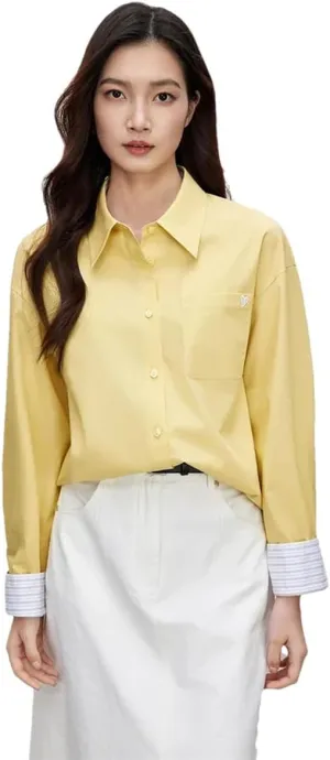 Women Patchwork Striped Shirts Cuff Casual Office Lady Blouse Embroidery Solid Color Top