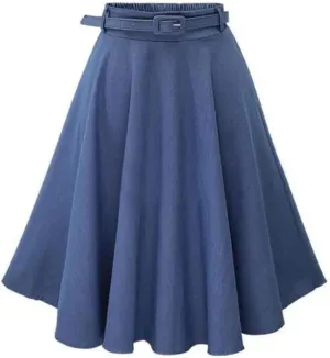 Women Pleated A-Line Midi Skirt Elastic Waist Button Front Flared Long Skirts with Belt
