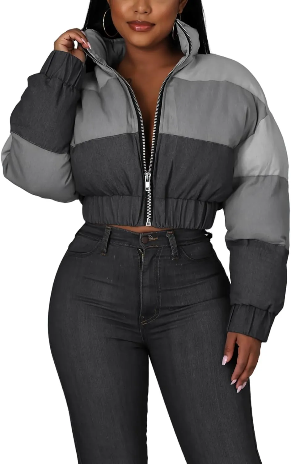 Women Puffer Quilted Jacket Cropped Zip Up Long Sleeve Buuble Jackets Warm Patchwork Coat