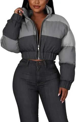Women Puffer Quilted Jacket Cropped Zip Up Long Sleeve Buuble Jackets Warm Patchwork Coat