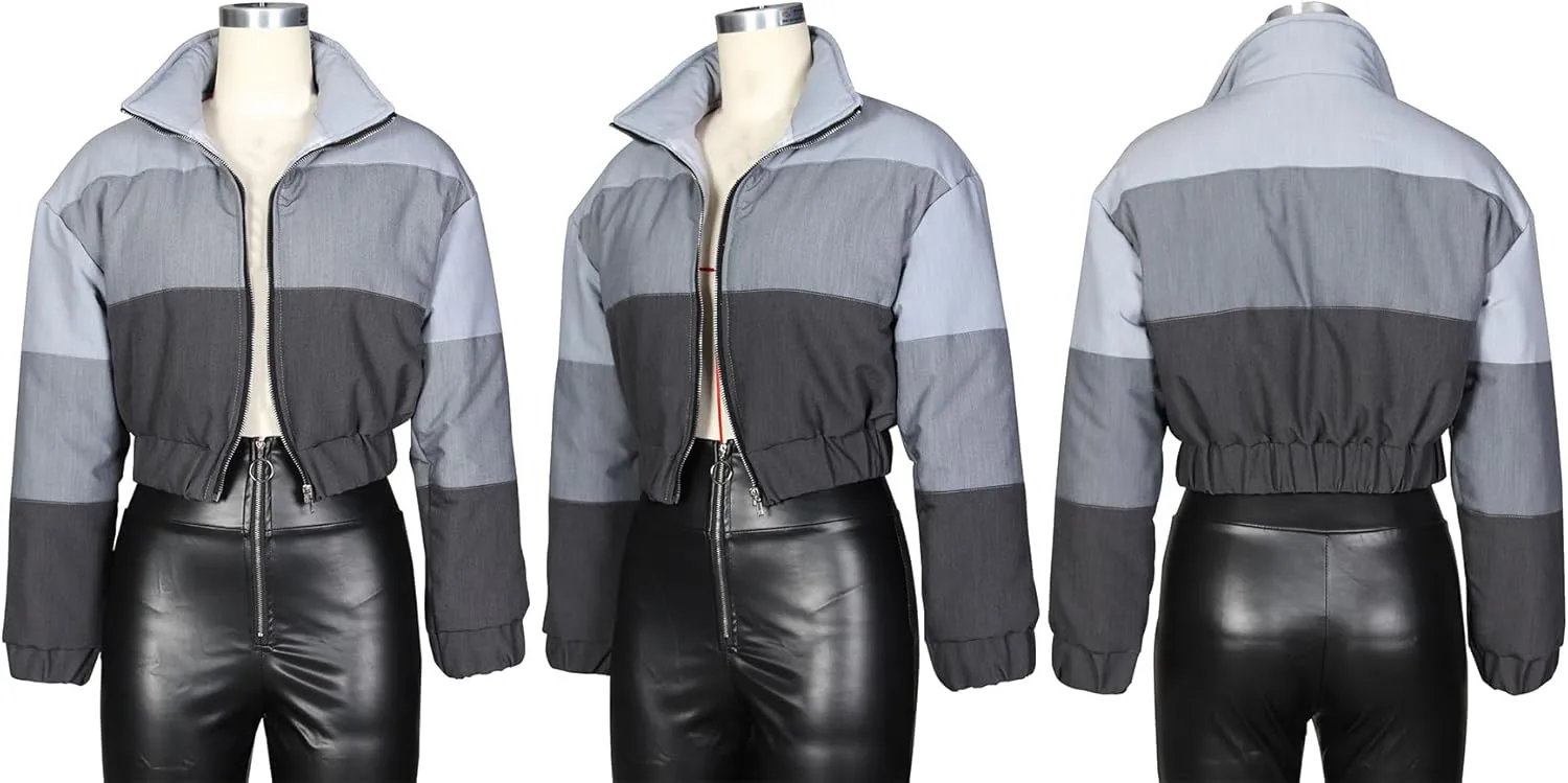 Women Puffer Quilted Jacket Cropped Zip Up Long Sleeve Buuble Jackets Warm Patchwork Coat