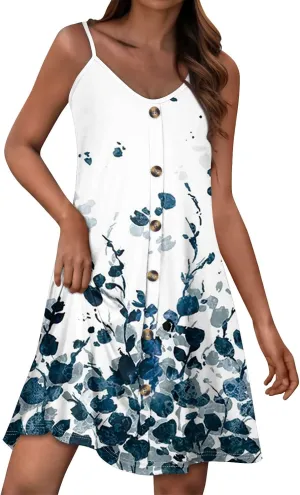 Women Spaghetti Strap Dress Summer Sleeveless V-Neck Floral Printed Sundress Beach Party Vacation Dresses